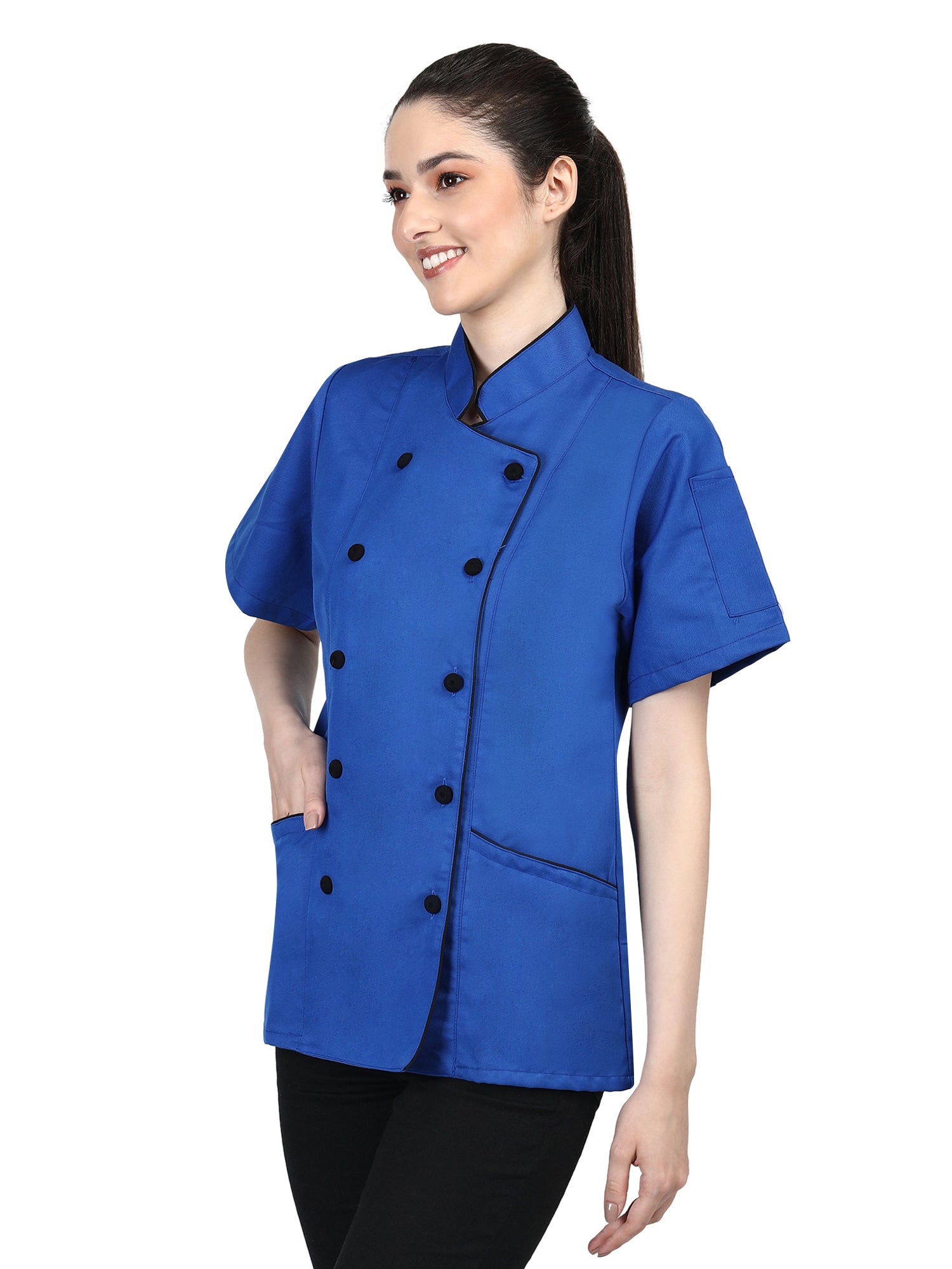 Short Sleeves Tailored Fit Chef Coat Jacket Uniform for Women for Food Service, Caterers, Bakers and Culinary Professional – Royal Blue